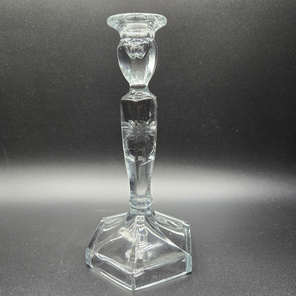 Vintage Clear Floral Etched Crystal Glass Candlestick Holder 8.5" H x 3.75" W